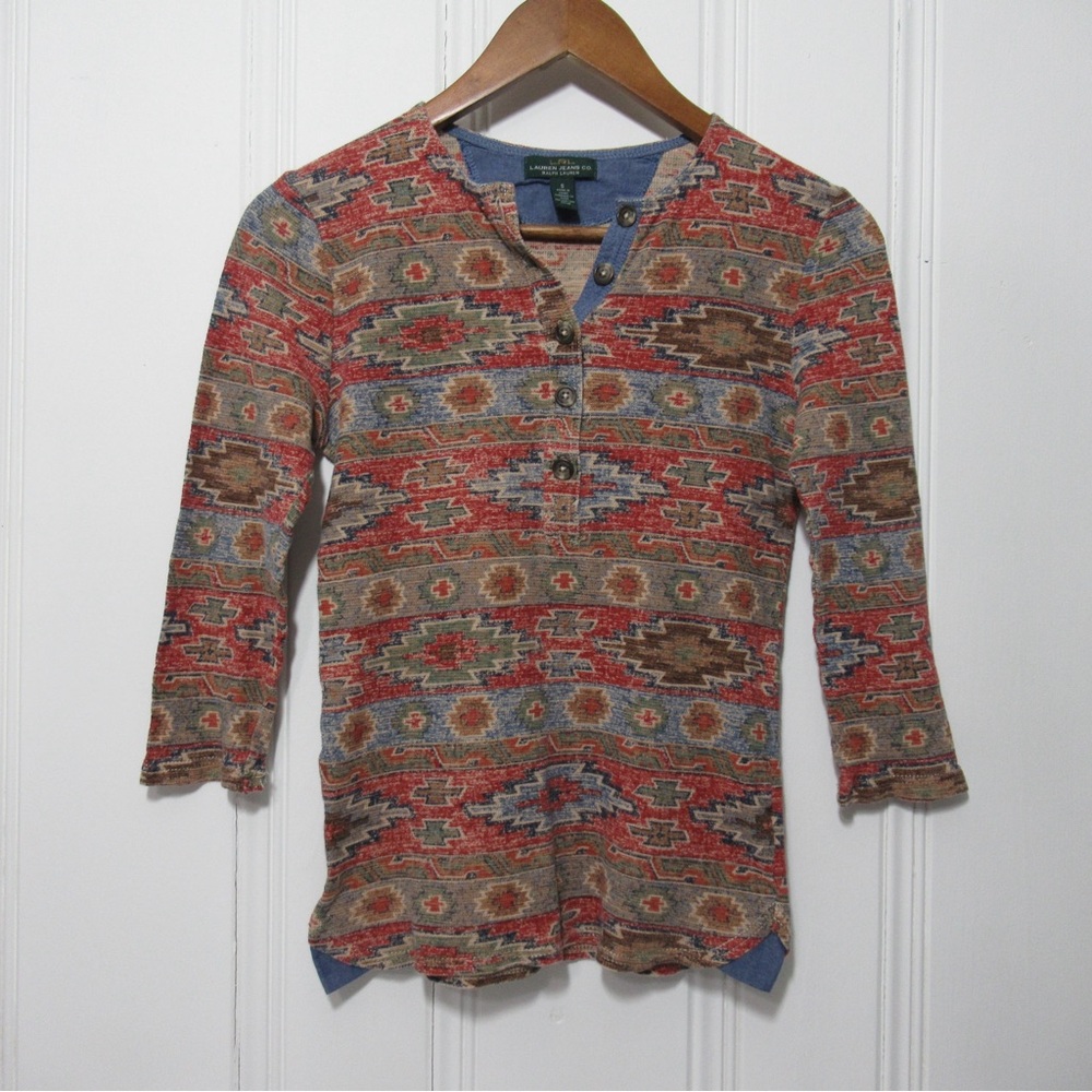 Lauren Jeans Co. Ralph Lauren Patterned Aztec Henley Top Size Small